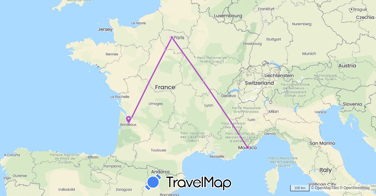 TravelMap itinerary: driving, train in France, Monaco (Europe)